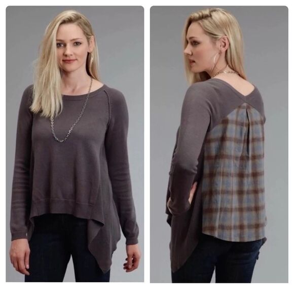 Stetson Knit Long Sleeve Grey Plaid Flannel Waterfall Sweater Size Large - Picture 1 of 11